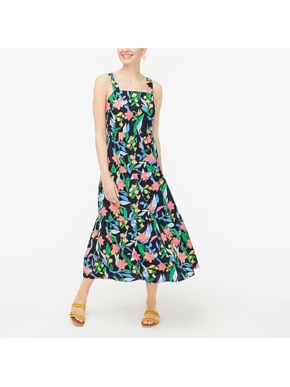 J. Crew Black Floral Square-Neck Tiered Midi Dress Size 2 100% Cotton Summer